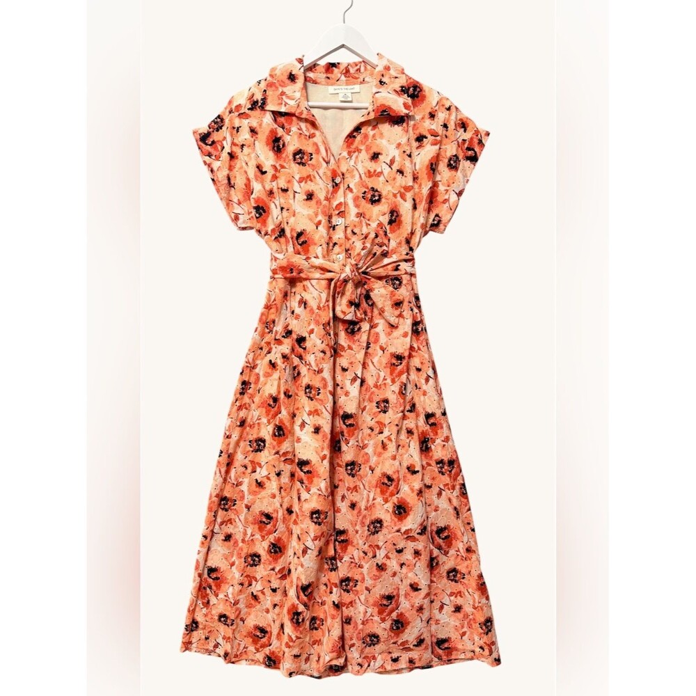 Skye's The Limit Floral Eyelet Midi Shirt Dress NWT Size Medium Peach Tie Waist
